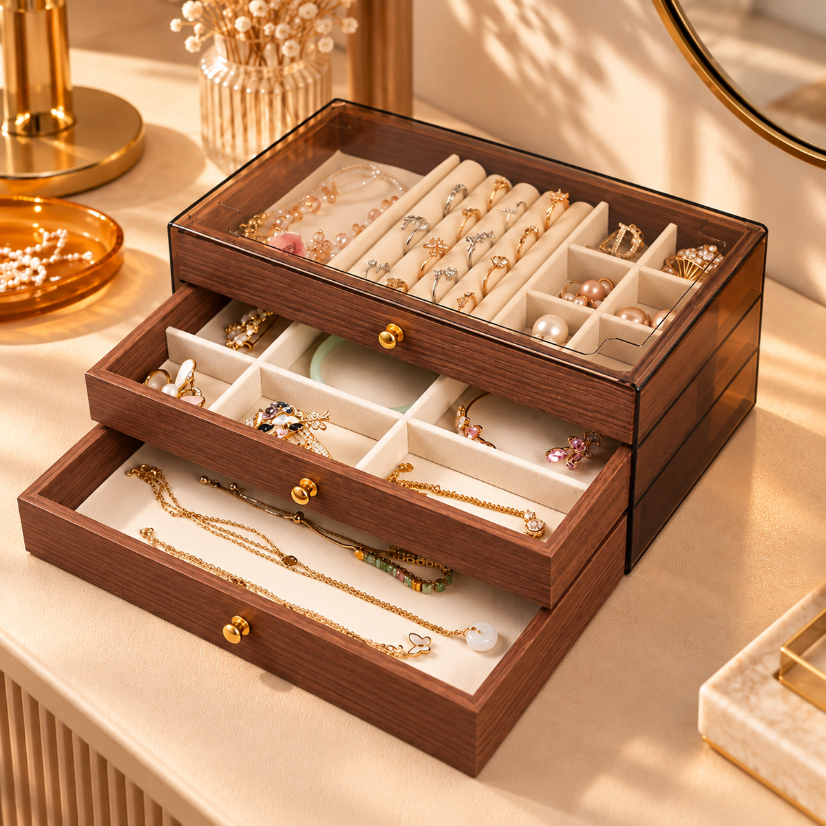 Boîte à bijoux en bois à tiroirs et compartiments