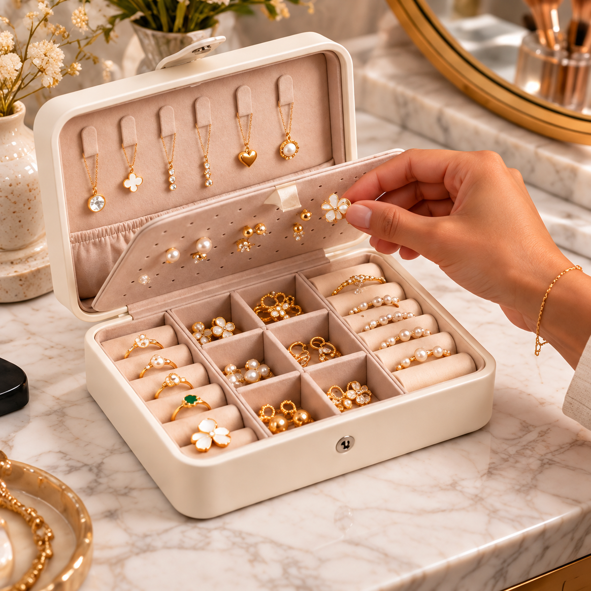 1. Placement de boucles d’oreilles dans le rangement intérieur d’une boîte à bijoux