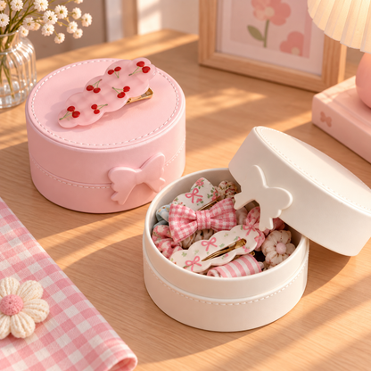 Boîte à bijoux ronde enfant rose et blanche avec nœud décoratif