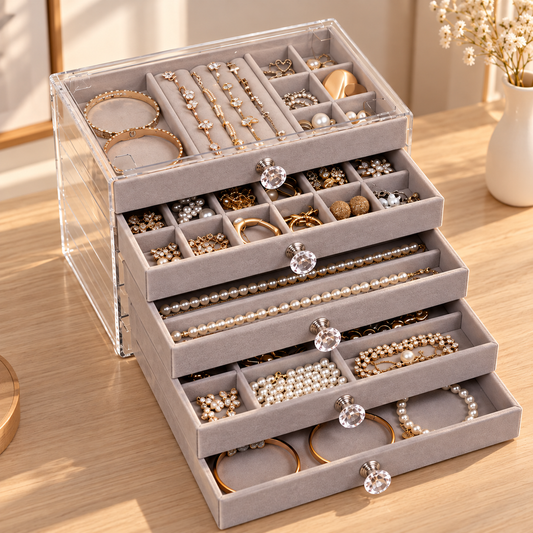 Grande boîte à bijoux transparente avec cinq tiroirs et rangements beiges
