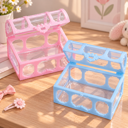 Boîte à bijoux enfant transparente rose et bleue en forme de coffre
