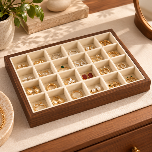 Plateau à bijoux en bois compartimenté pour bagues et boucles d’oreilles
