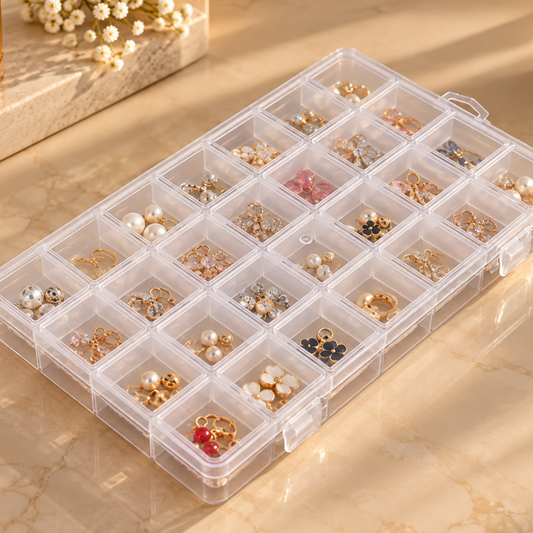 Grande boîte à bijoux transparente avec nombreux compartiments individuels