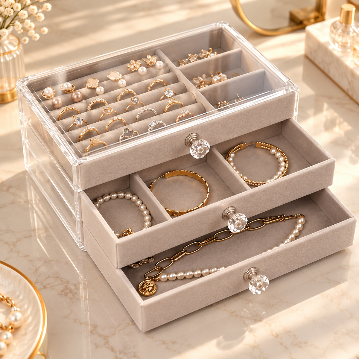 Grande boîte à bijoux transparente avec trois tiroirs et rangements beiges