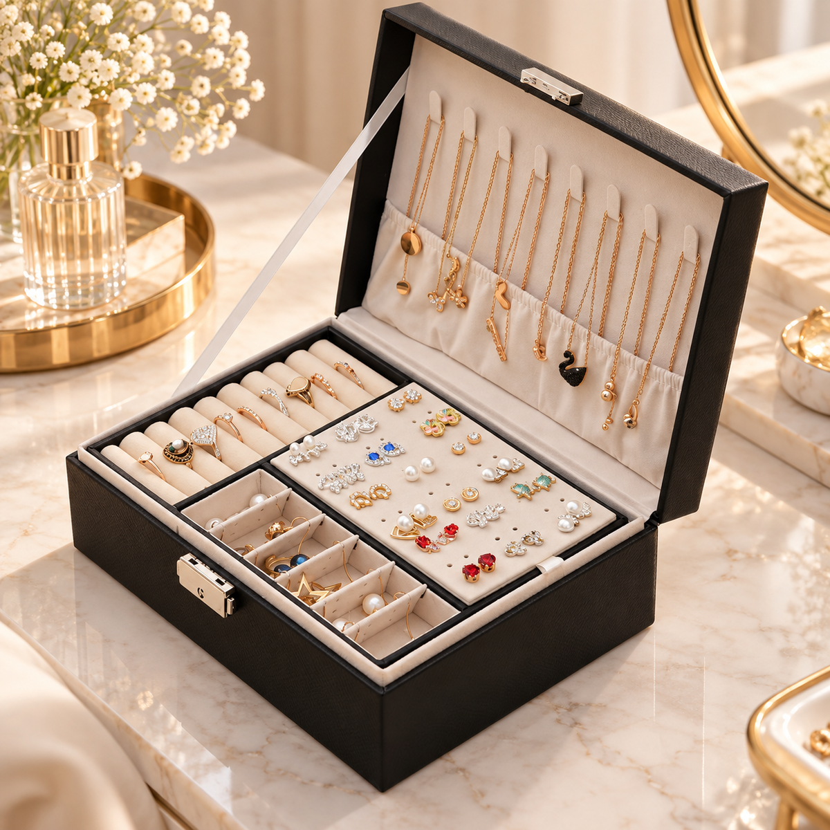 Coffret à bijoux noir compartimenté avec rangements intérieurs