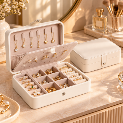 Grande boîte à bijoux blanche avec compartiments et rangements suspendus