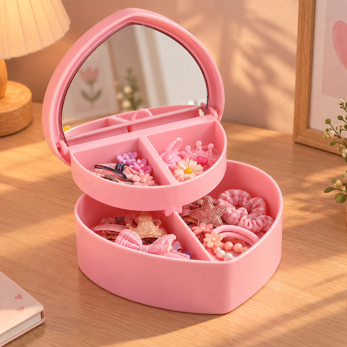 Boîte à bijoux enfant cœur rose avec miroir et compartiments