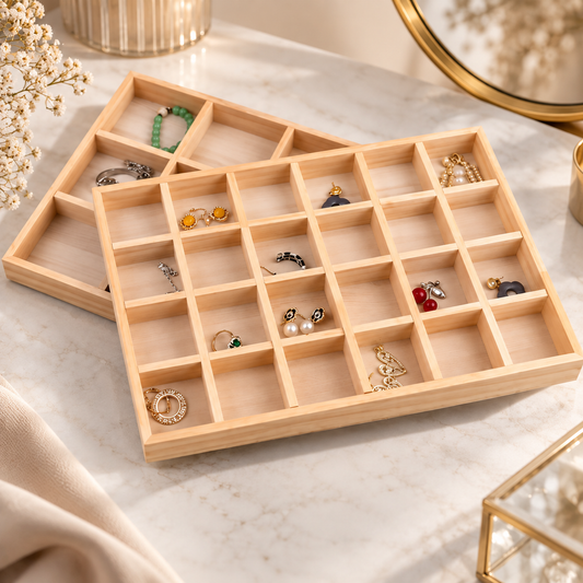 Plateau à bijoux en bois compartimenté avec bijoux