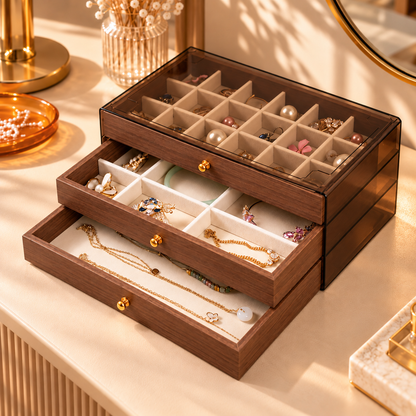Boîte à bijoux en bois à tiroirs et compartiments