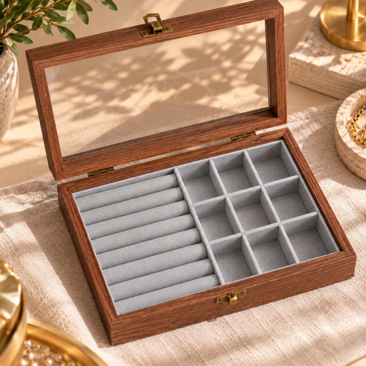 Boîte à bijoux en bois avec couvercle transparent