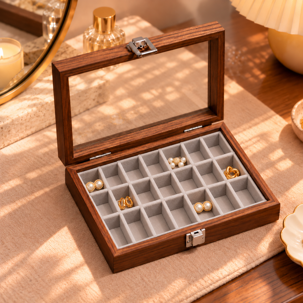 Boîte à bijoux en bois avec couvercle transparent