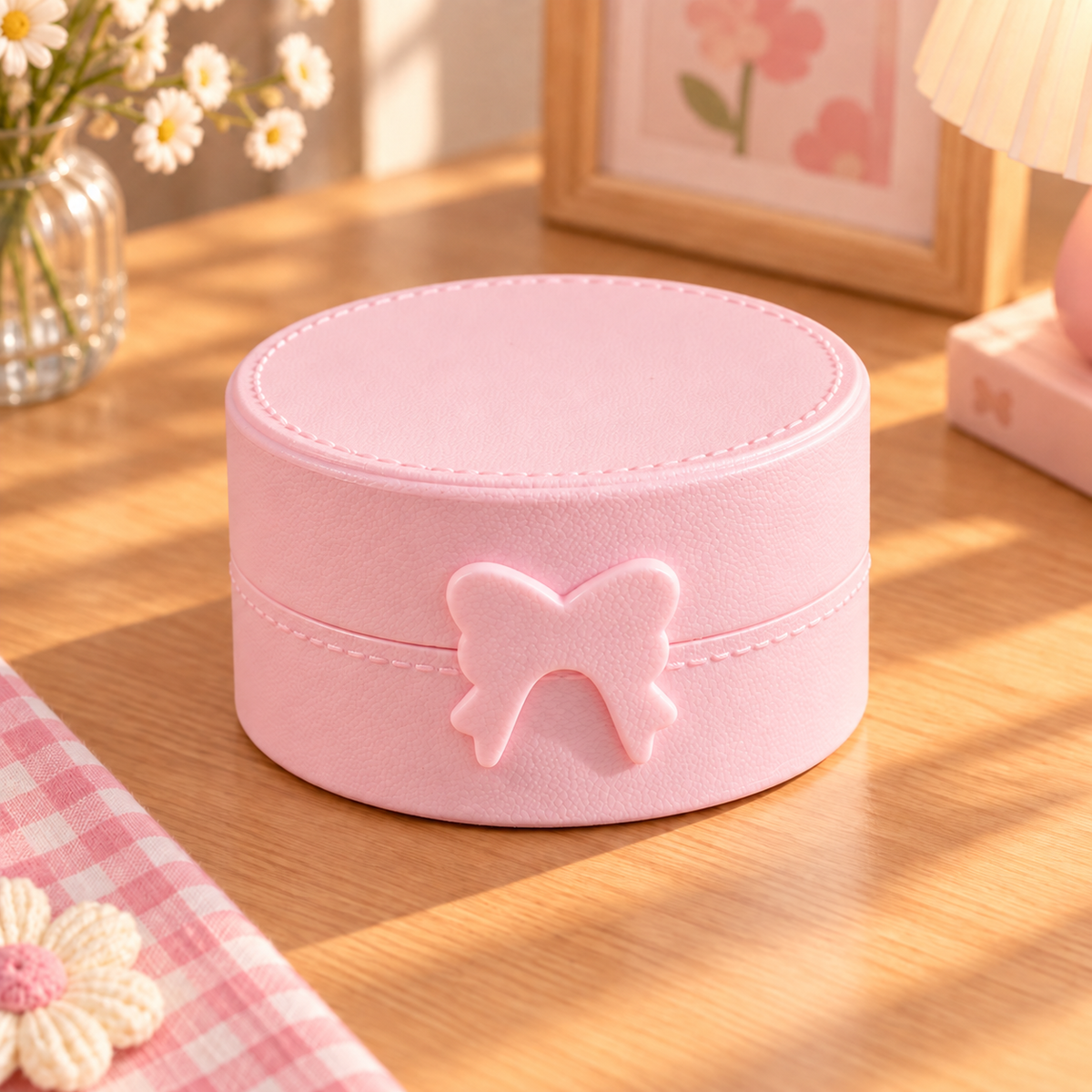 Boîte à bijoux ronde enfant avec nœud décoratif