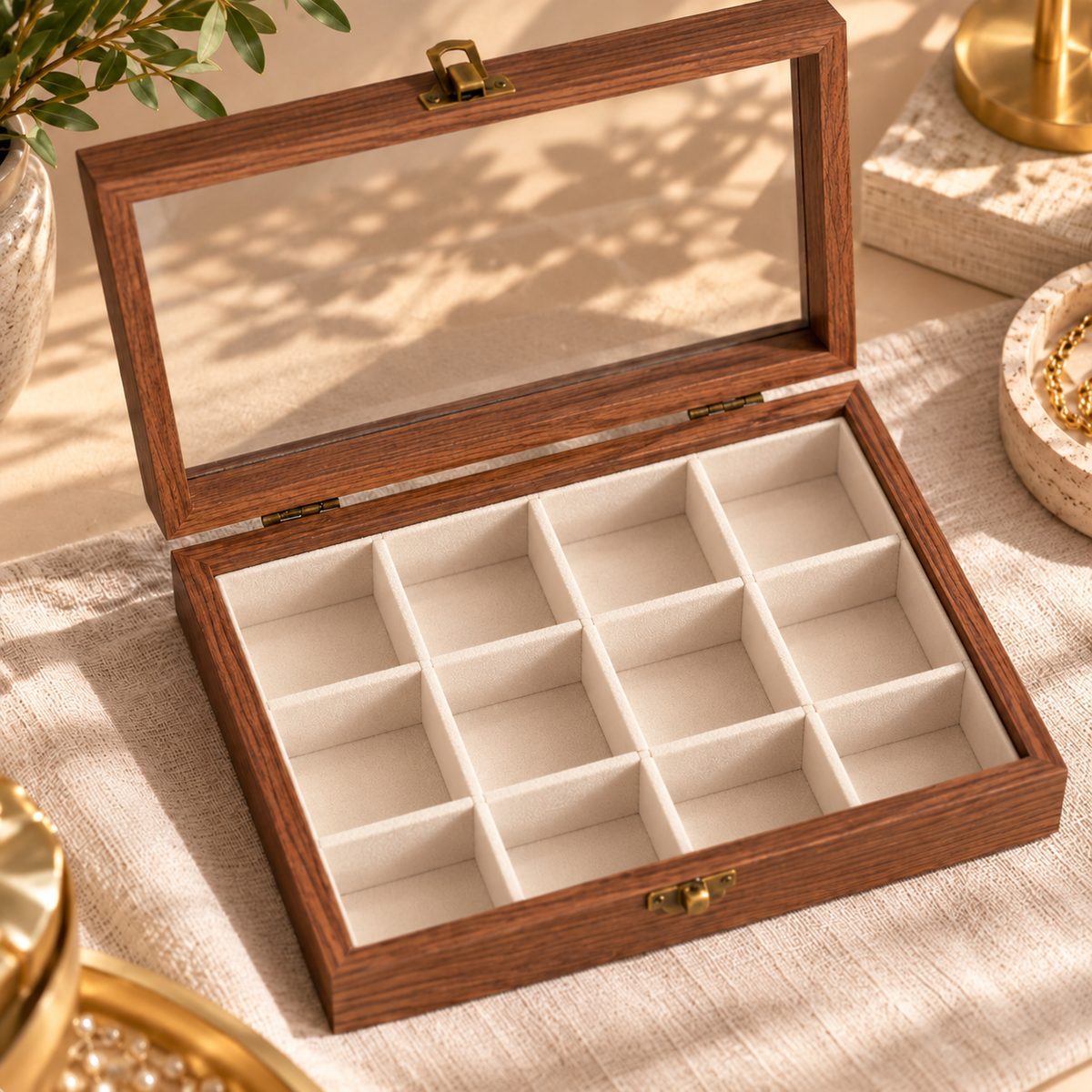 Boîte à bijoux en bois avec couvercle transparent