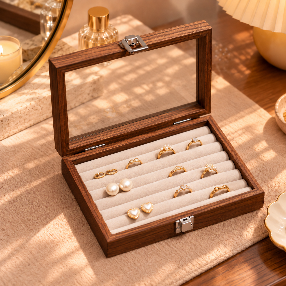 Boîte à bijoux en bois avec couvercle transparent