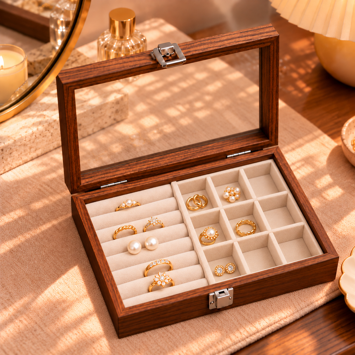 Boîte à bijoux en bois avec couvercle transparent