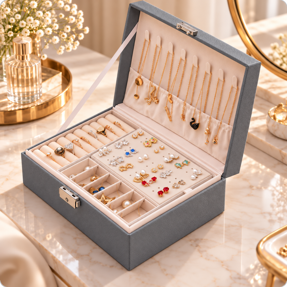 Boîte à bijoux en bois compartimentée noire