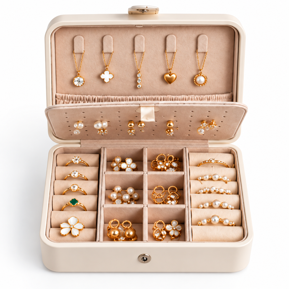 Boîte à bijoux blanche ouverte avec espaces pour bagues et boucles d’oreilles