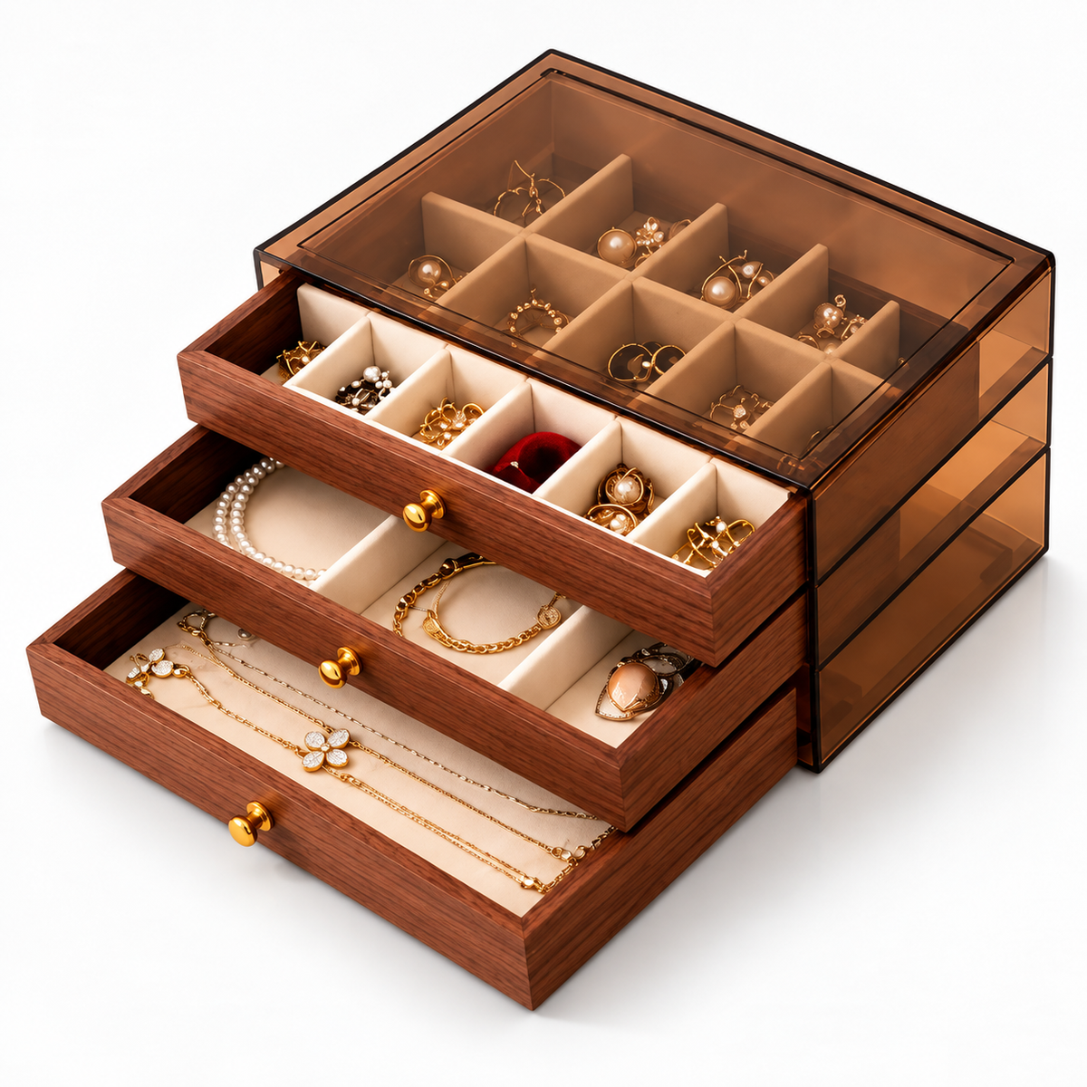 Boîte à bijoux en bois à plusieurs niveaux de rangement