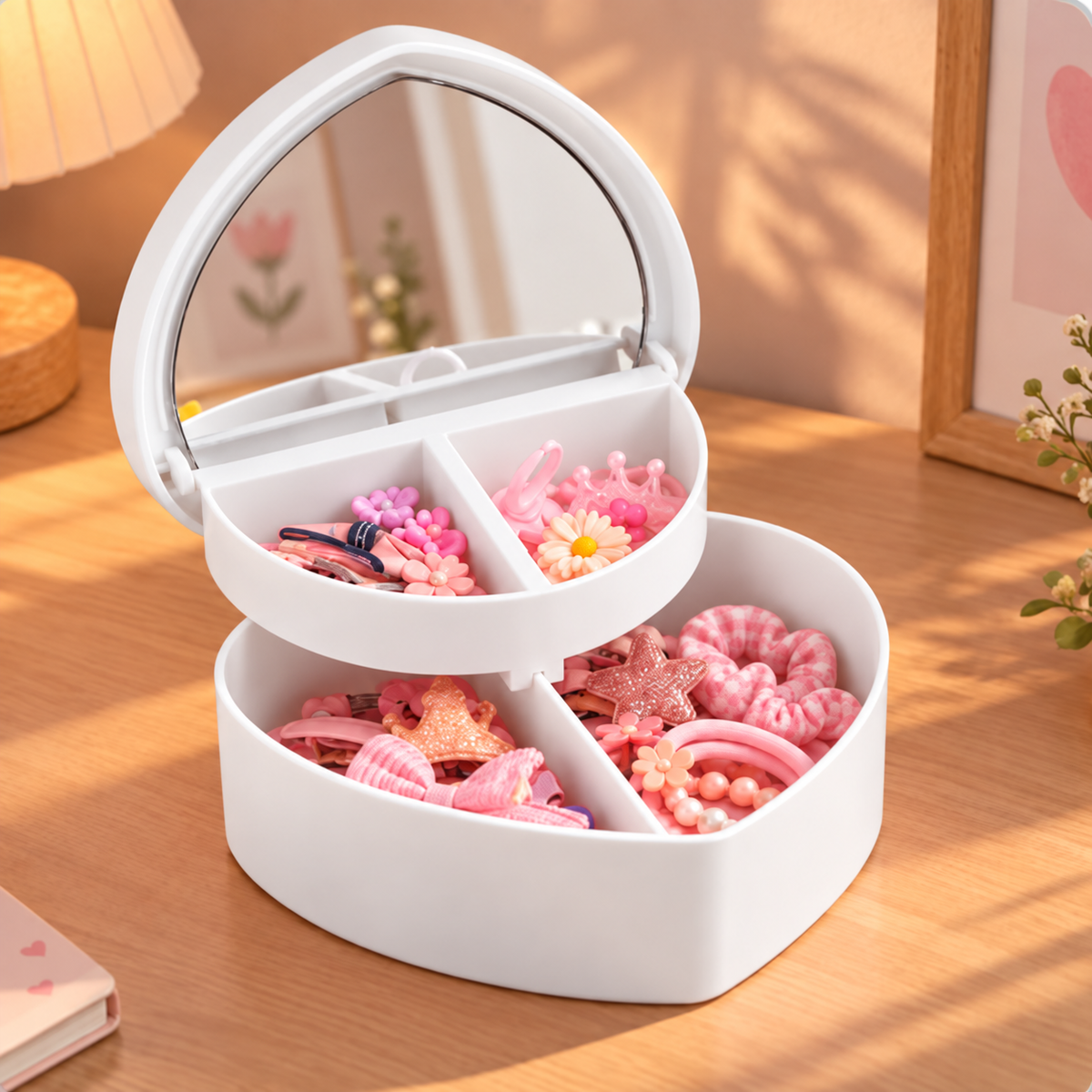 Boîte à bijoux enfant cœur rose à compartiments