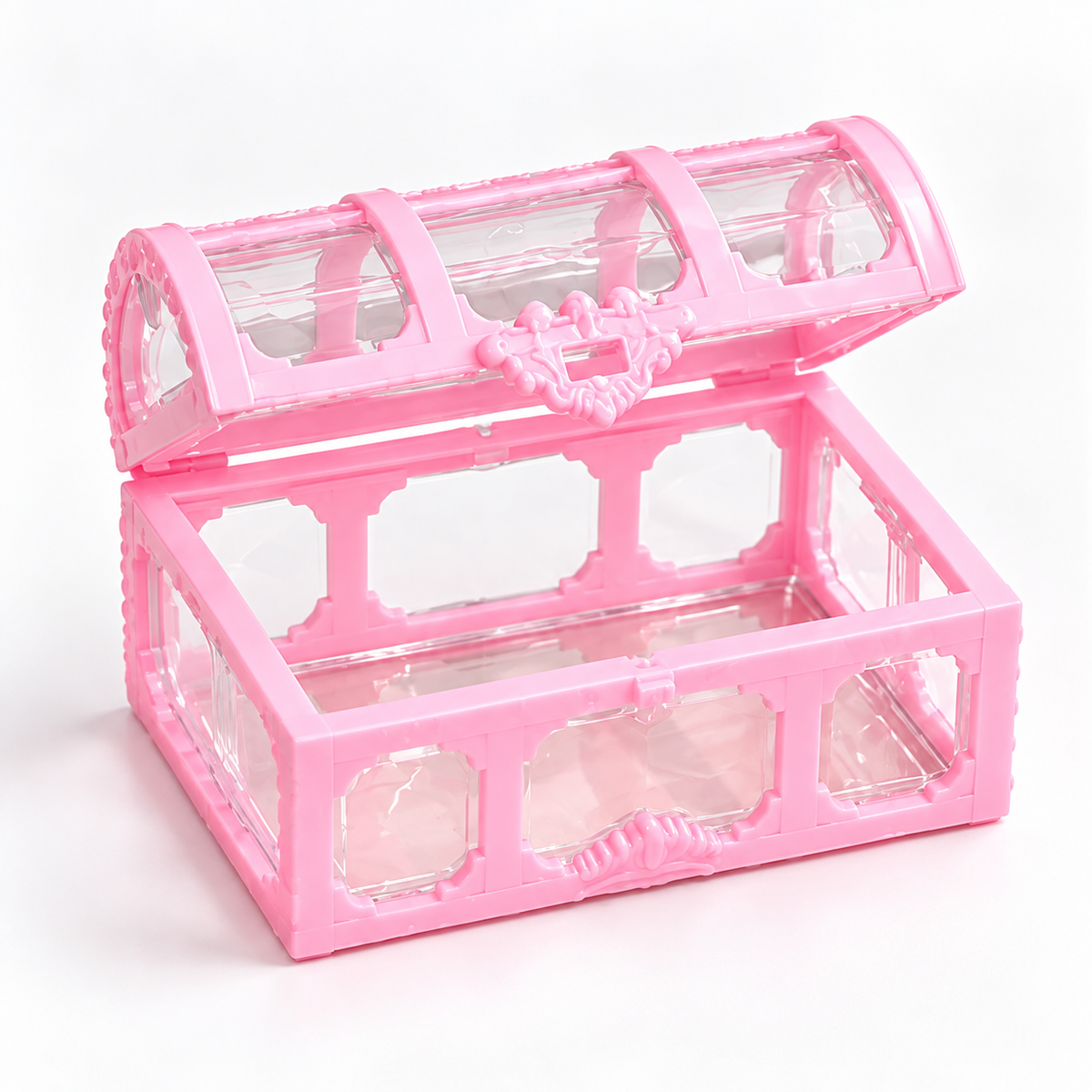 Boîte à bijoux enfant transparente rose avec couvercle ouvert