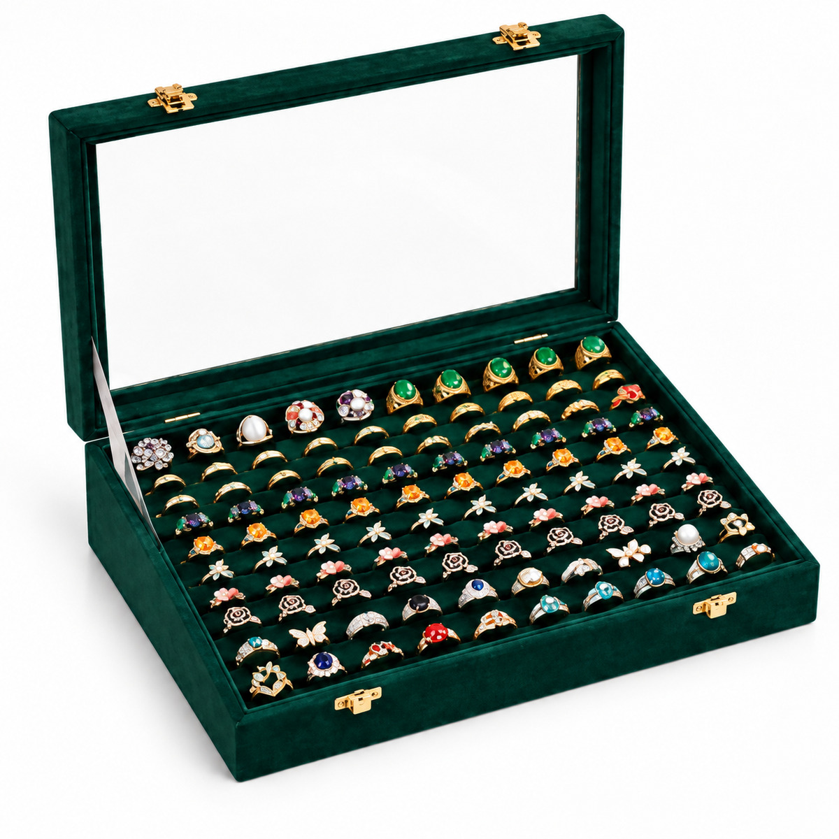 Boîte de rangement verte ouverte pour collection de bagues