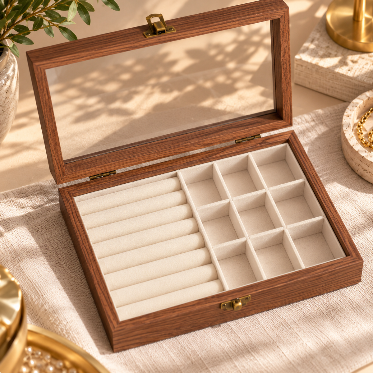 Boîte à bijoux en bois avec couvercle transparent
