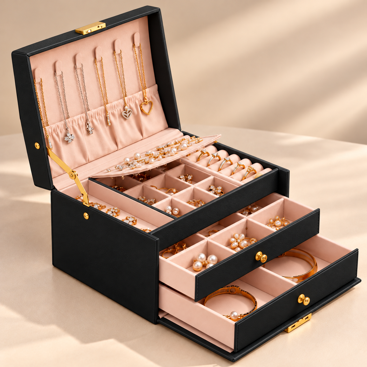 Grande boîte à bijoux à tiroirs et plusieurs niveaux