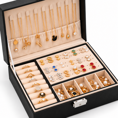 Coffret à bijoux ouvert avec compartiments pour bagues et boucles d’oreilles