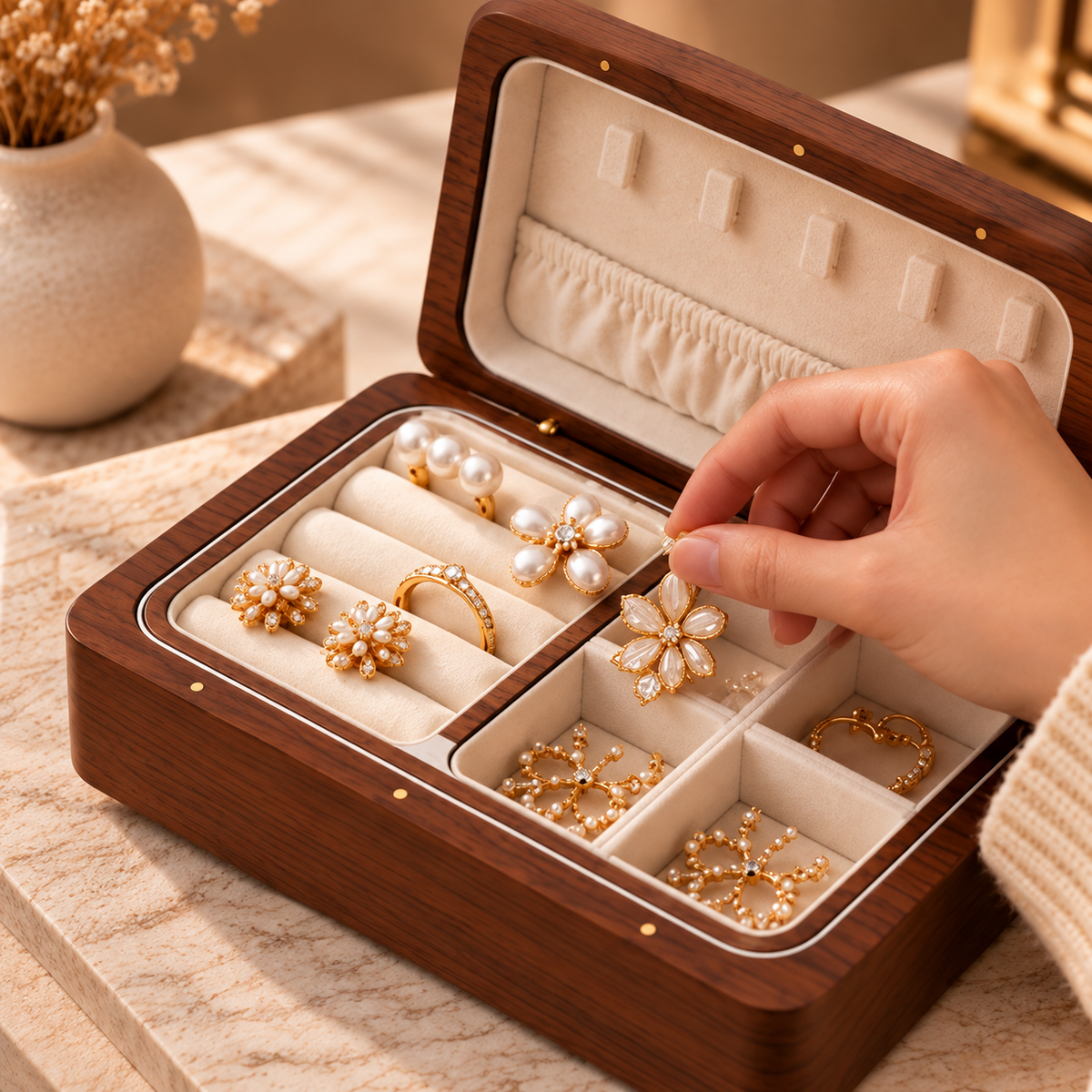 Rangement de bijoux dans une boîte en bois compartimentée