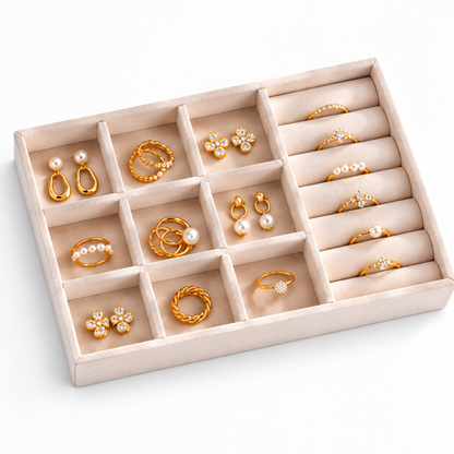 Plateau à bijoux avec cases de rangement et supports pour bagues
