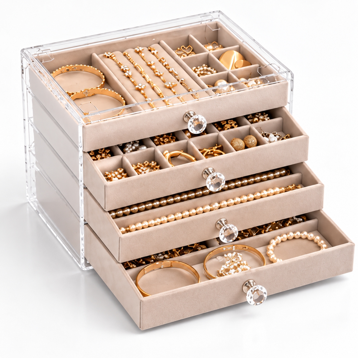 Organisateur à bijoux transparent avec plusieurs tiroirs ouverts