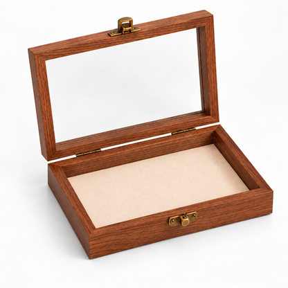 Boîte à bijoux rectangulaire en bois avec couvercle vitré