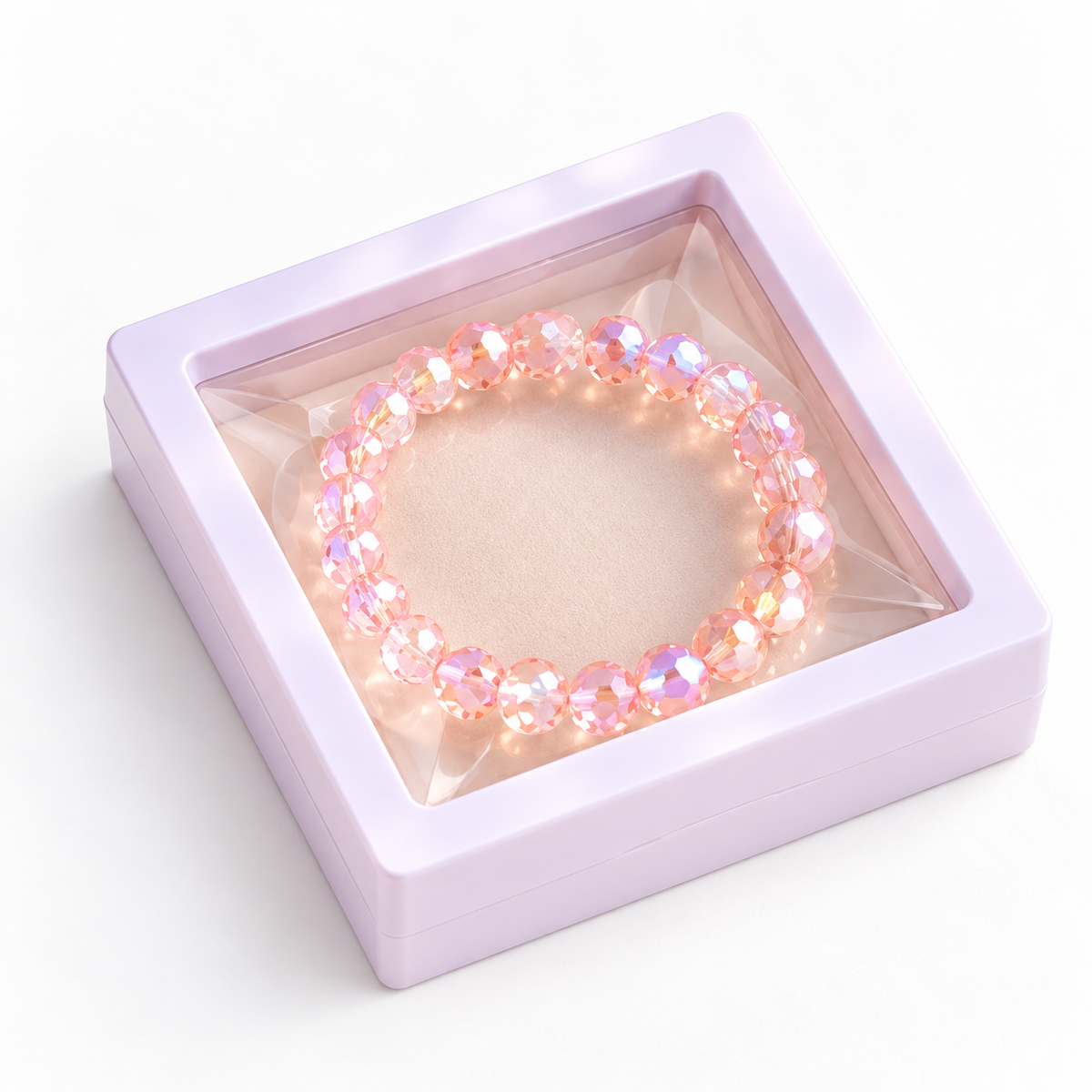 Boîte à bracelet blanche avec bracelet rose sous couvercle transparent