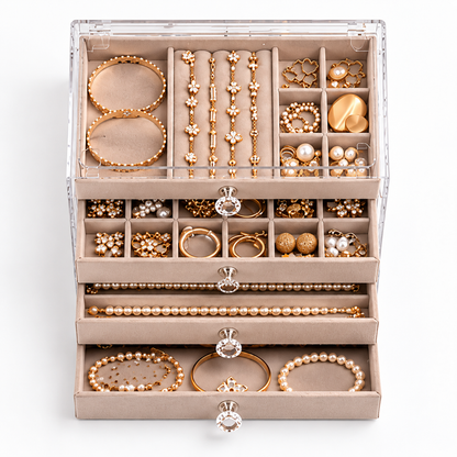 Grande boîte transparente ouverte avec multiples compartiments pour bijoux