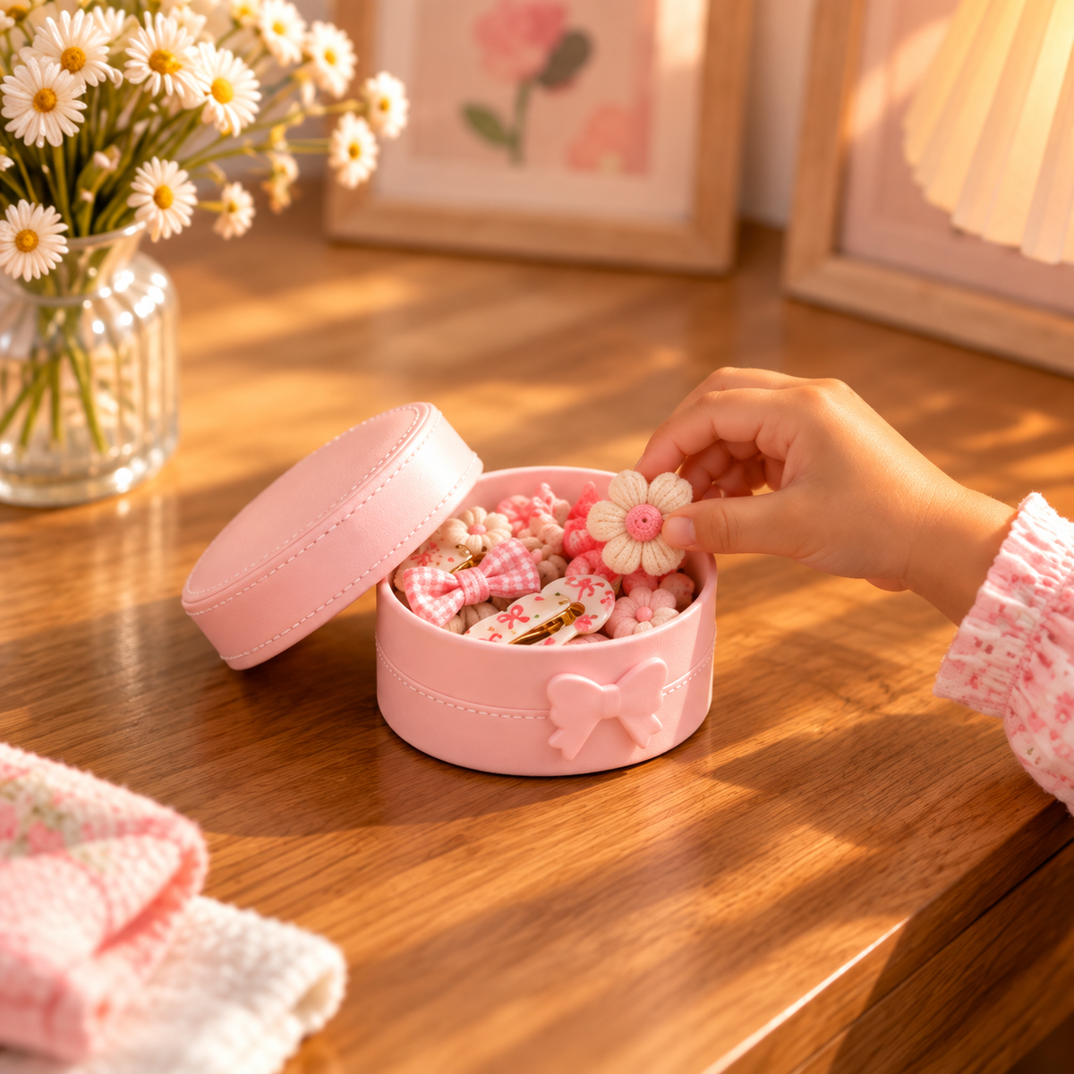 Boîte à bijoux ronde ouverte avec petits accessoires pour enfant