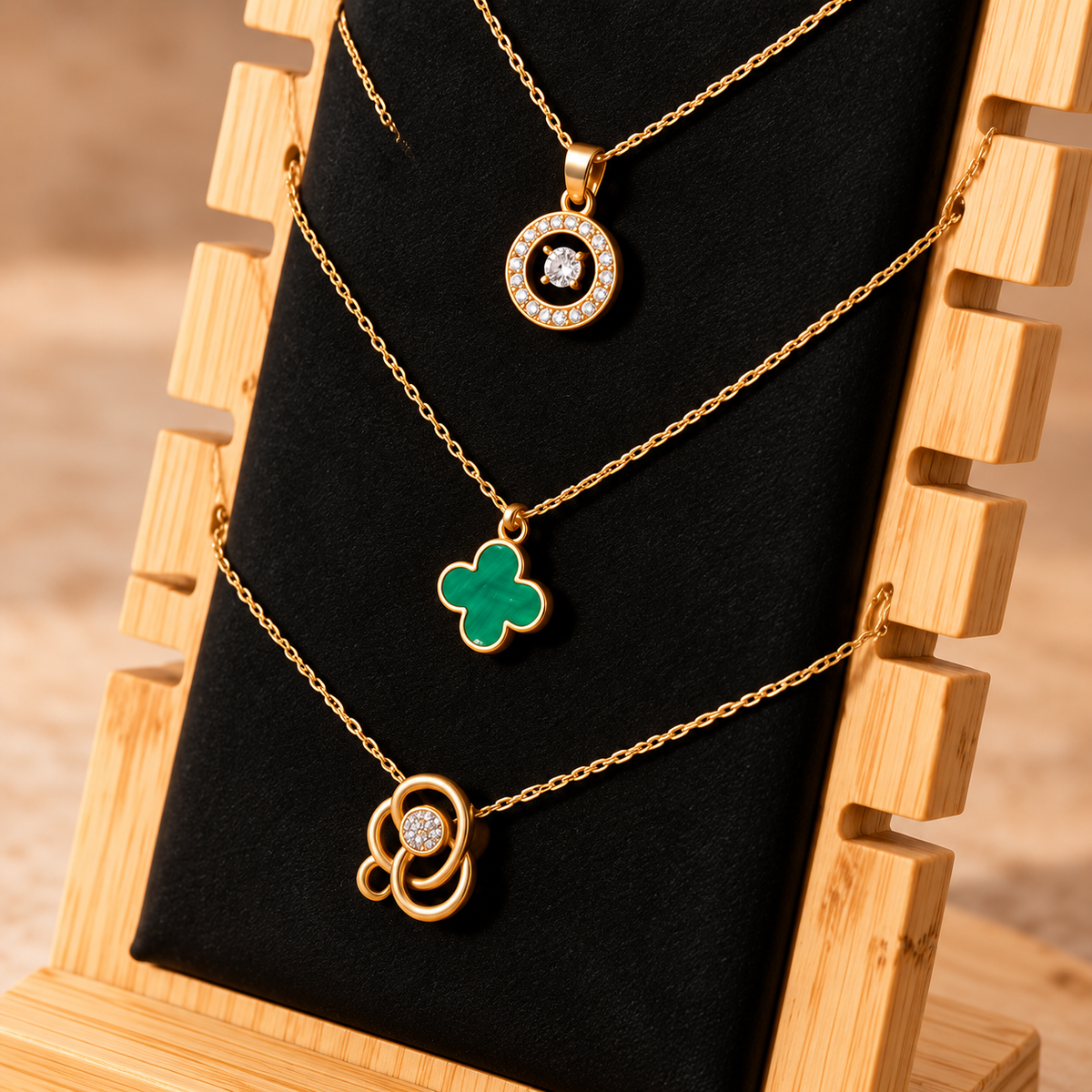 Présentoir à colliers en bois avec fond noir et plusieurs pendentifs