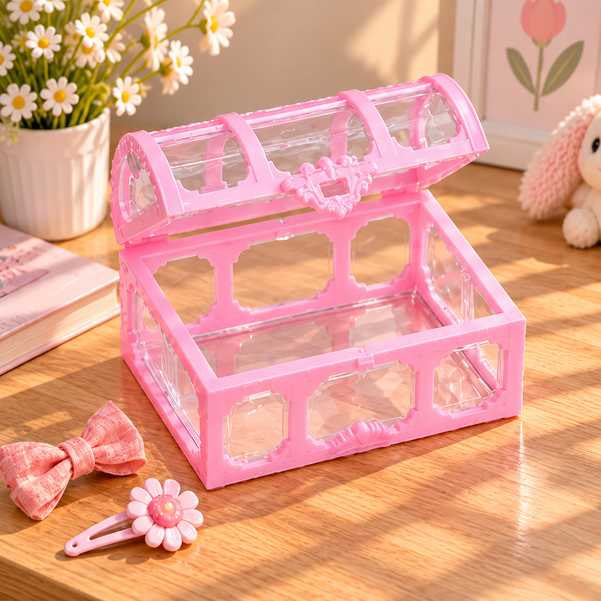 Boîte à bijoux transparente rose posée dans une chambre d’enfant