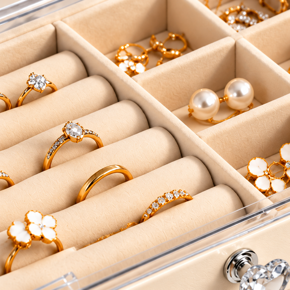 Rangements rembourrés pour bagues et boucles d’oreilles dans une boîte à bijoux