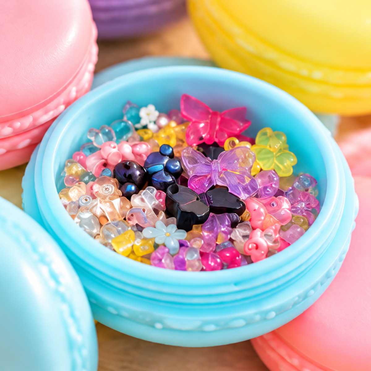 Boîte macaron bleue ouverte avec petits bijoux colorés
