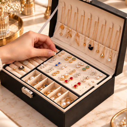 Organisation de bijoux dans un coffret noir à compartiments