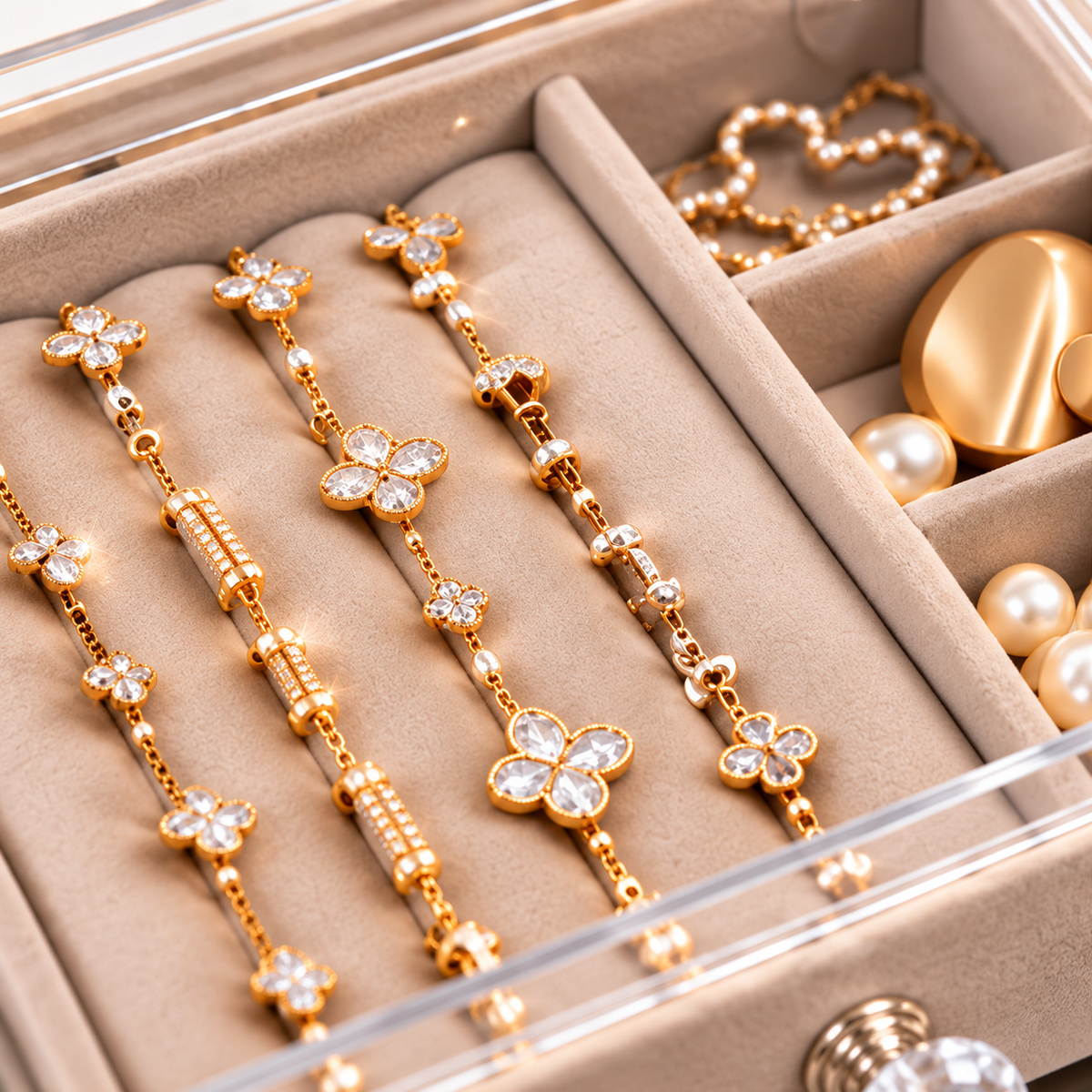 Compartiment beige pour ranger bracelets et bijoux délicats
