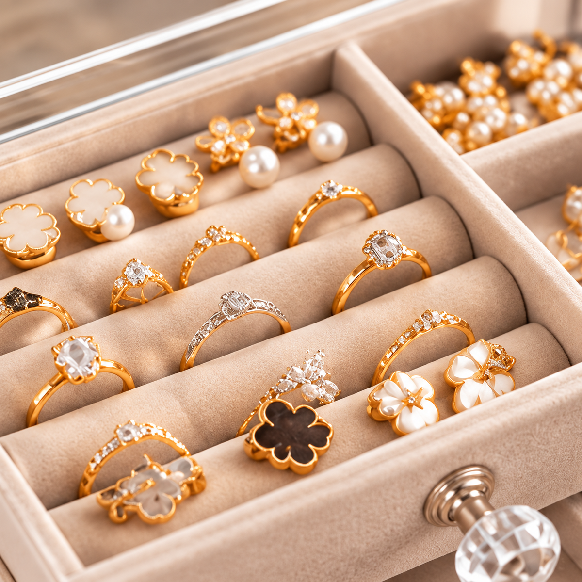 Rangement beige pour bagues et boucles d’oreilles sous couvercle transparent