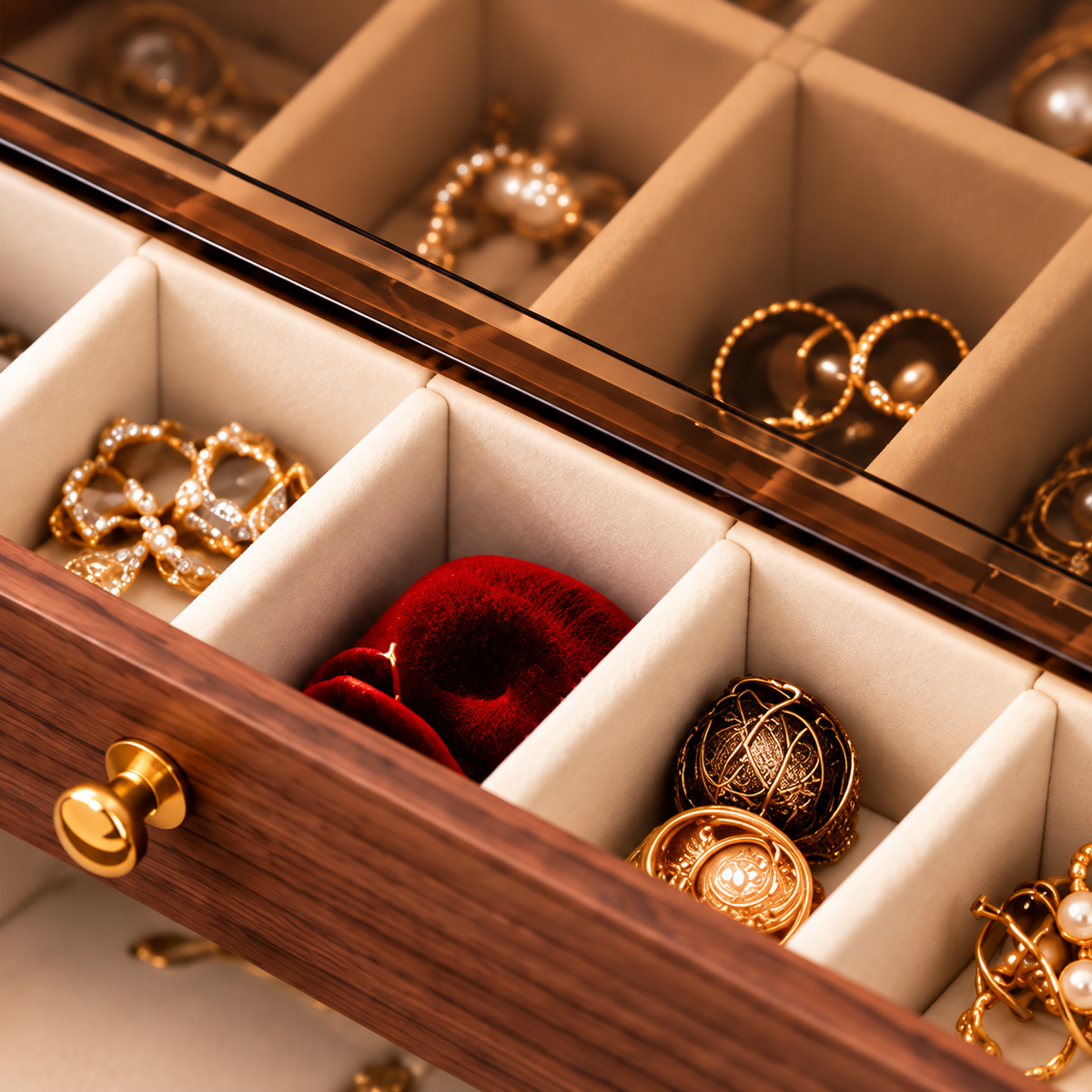 Compartiments pour bagues et bijoux dans une boîte en bois