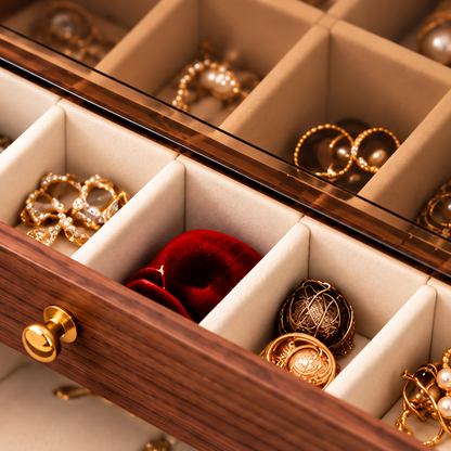 Compartiments pour bagues et bijoux dans une boîte en bois