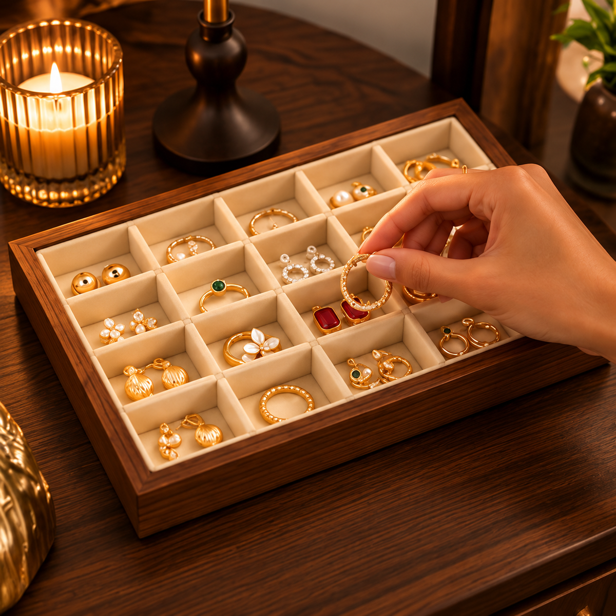 1. Organisation de bagues et boucles d’oreilles dans un plateau à bijoux en bois