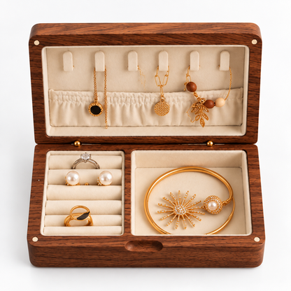 Coffret en bois ouvert avec crochets pour colliers et compartiments