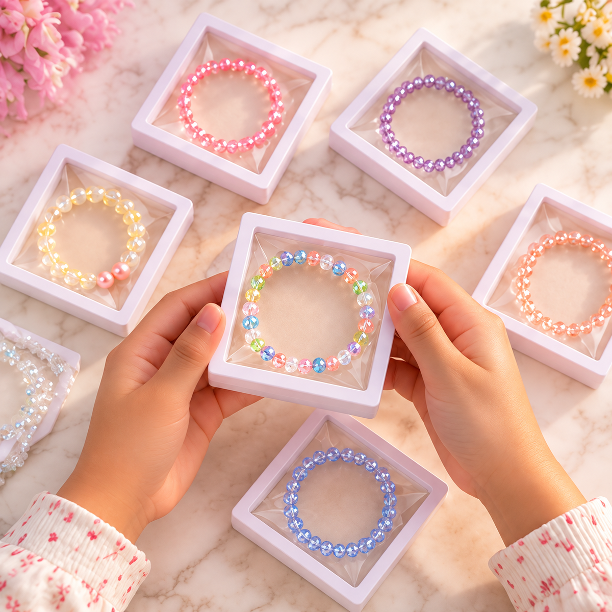 Collection de boîtes à bracelet enfant avec différents bracelets colorés