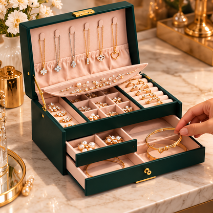 Ouverture d’un tiroir inférieur d’une grande boîte à bijoux verte
