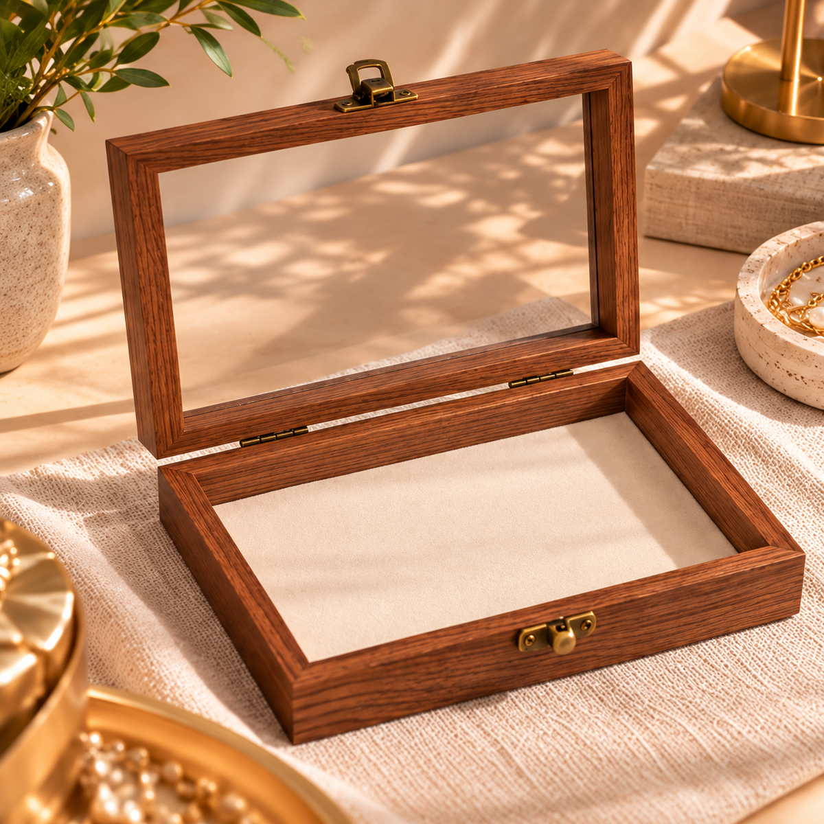 Boîte en bois ouverte avec espace intérieur pour bijoux