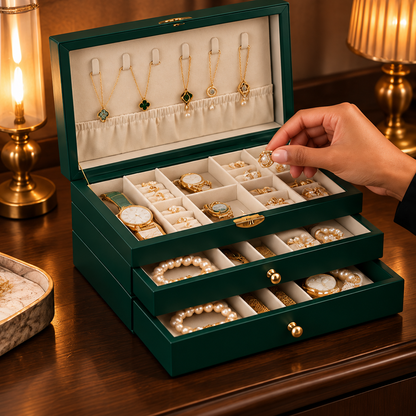 Organisation de bijoux dans une grande boîte verte à tiroirs